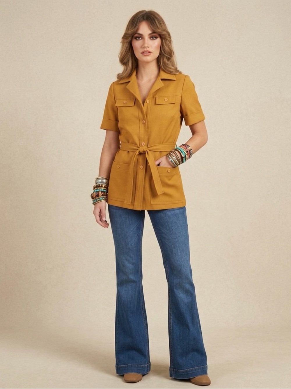 Vintage 70s Mustard Yellow Safari Jacket // Retro Utility Belted Shacket Boho S